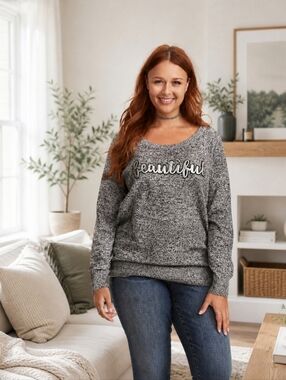 TORRID Sequin "Beautiful" Raglan Grey Cotton  Sweater Size 1